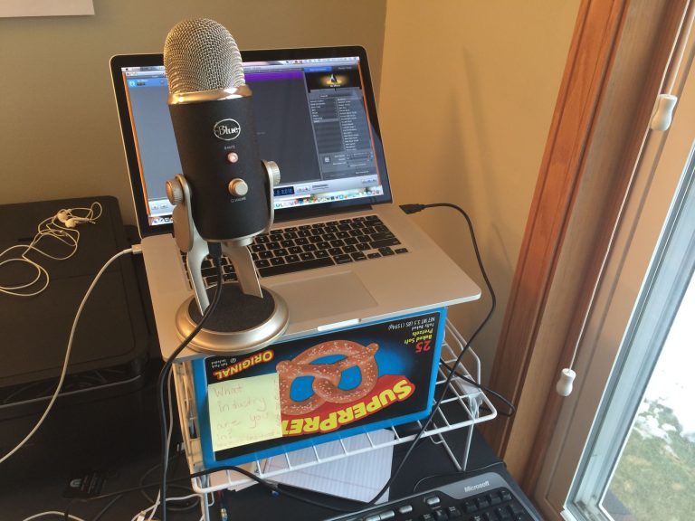 The first office: A laptop propped on a SuperPretzel box